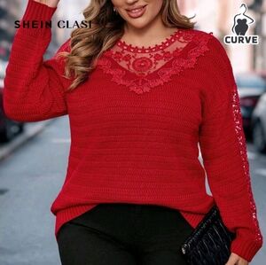 Red Lace V-Neck Sweater